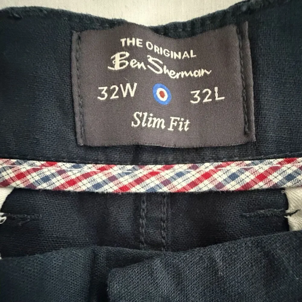 Ben Sherman Mens 32x32 Navy Blue Pants Slim Fit Linen Blend Flat Front (33x29.5)